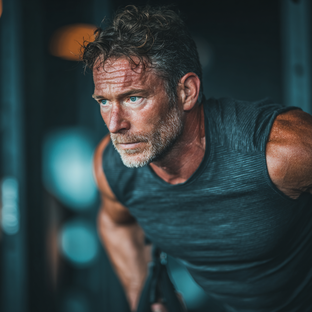 Focused middle-aged man performing functional training exercises in modern fitness environment