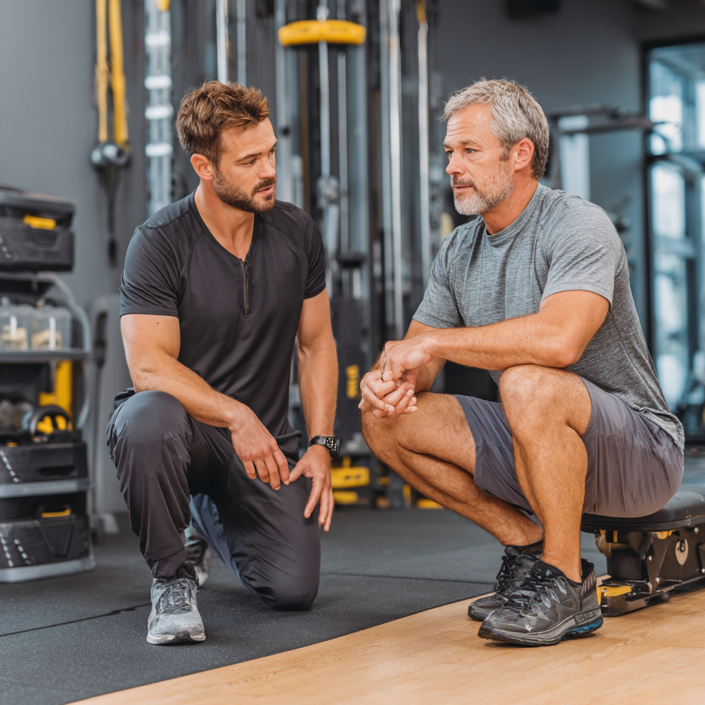 Professional fitness trainer demonstrating functional movement to mature adult client in modern training facility